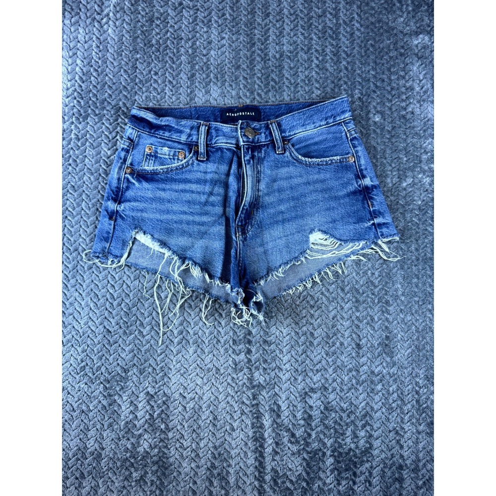 Aeropostale Vintage High Rise Shorty Womens 2 Blue Denim Frayed Hem Shorts